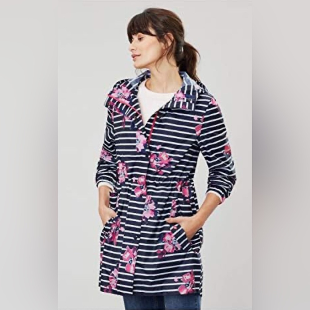 Joules Women’s Navy Blue White Stripe with Pink Flowers Rain Coat Jacket Sz‎ 4